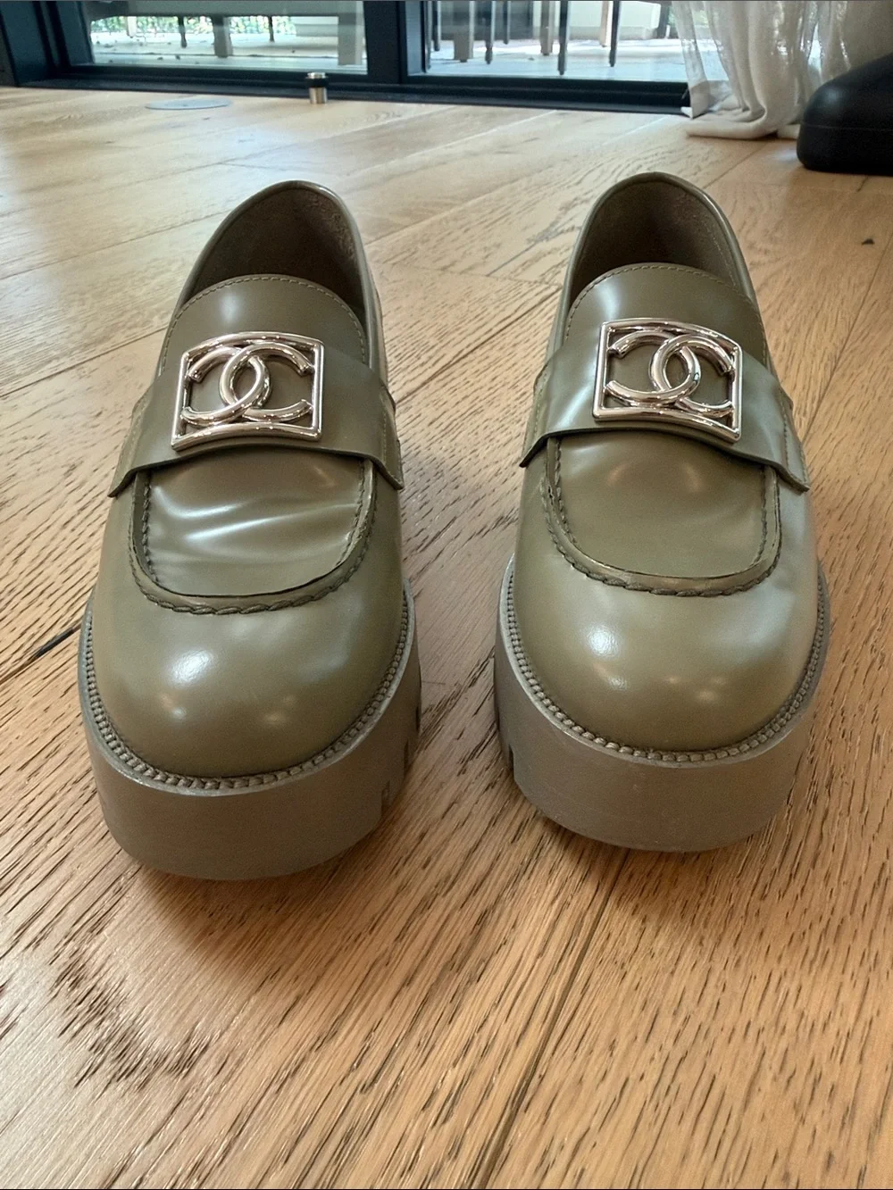 Chanel Khaki Green Leather Lug Sole Loafers